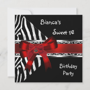 Invitation Anniversaire 16 ans Rouge Argent Noir Zèbre Léopar