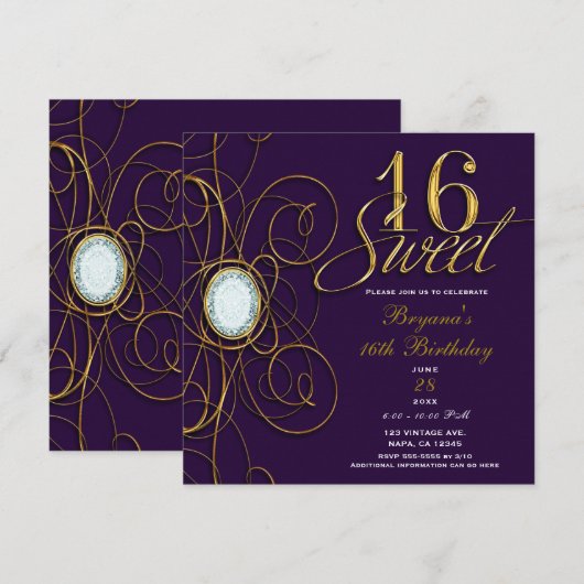 Invitation Anniversaire 16 Ans Royale Violet & Or  (Devant / Derrière)