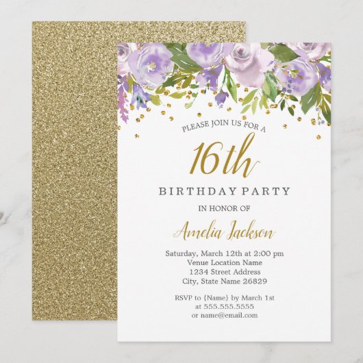 Invitation anniversaire 16 ans Sparkle Floral Purp (Devant / Derrière)