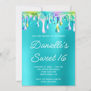 Invitation Anniversaire 16 ans sucré bleu turquoise liquide h