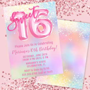 Invitation Anniversaire 16 ans Sweet Arc-en-Ciel Rose
