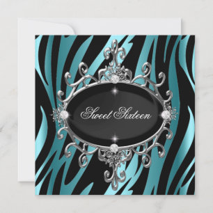 Invitation Anniversaire 16 ans Sweet Blue Zèbre Rayure Noire