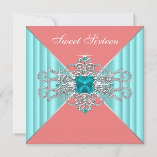 Invitation Anniversaire 16 ans Turquoise Bleu Corail Diamant (Devant)