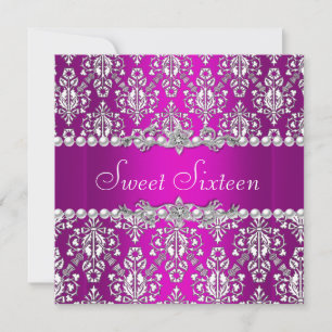 Invitation Anniversaire 16 ans Violet Rose Argent Blanc Dente