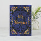 Invitation Anniversaire 17 ans Bleu gothique et doré (Debout devant)