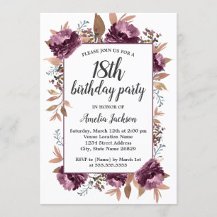 Invitation anniversaire 18 ans aquarelle Fleur vio