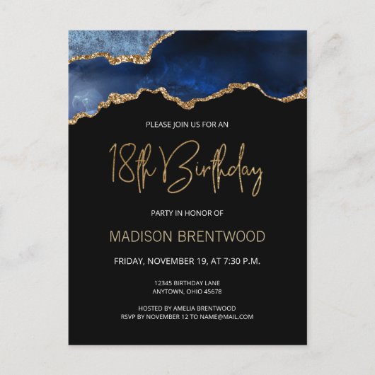 Invitation Anniversaire 18 ans Bleu Agate Or (Devant)
