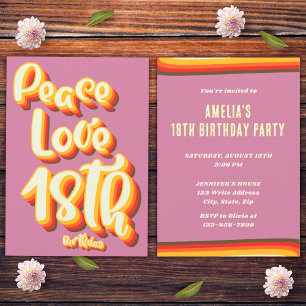 Invitation Anniversaire 18 Ans Peace Love Rose Rétro Groovy C