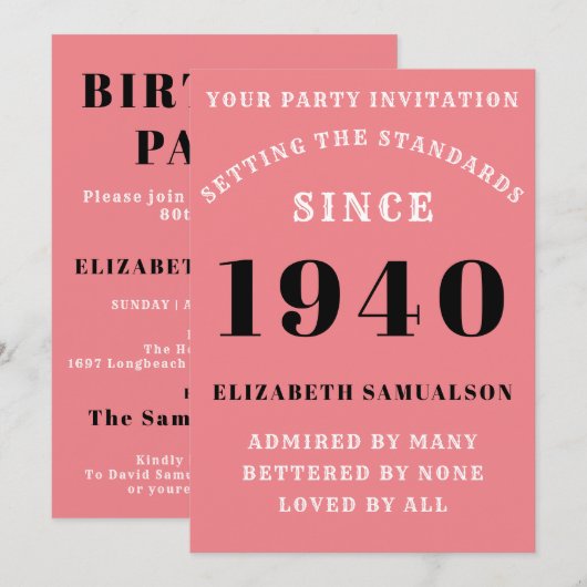 Invitation Anniversaire 1940 Ajouter Votre Nom Elegant Rose G (Devant / Derrière)