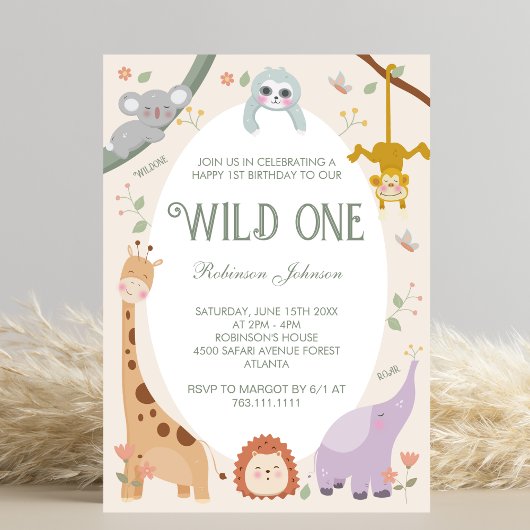 Invitation Anniversaire 1 an Animaux de Safari Modernes Migno