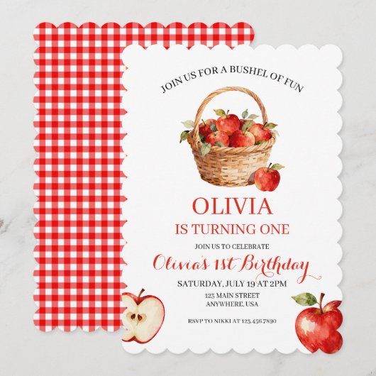 Invitation Anniversaire 1 an Apple Bushel of Fun (Devant / Derrière)