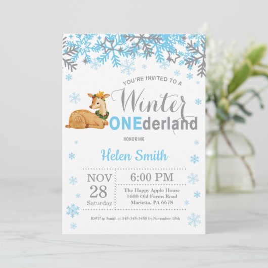 Invitation Anniversaire 1 an de garçon cerf Onederland d'hive (Debout devant)