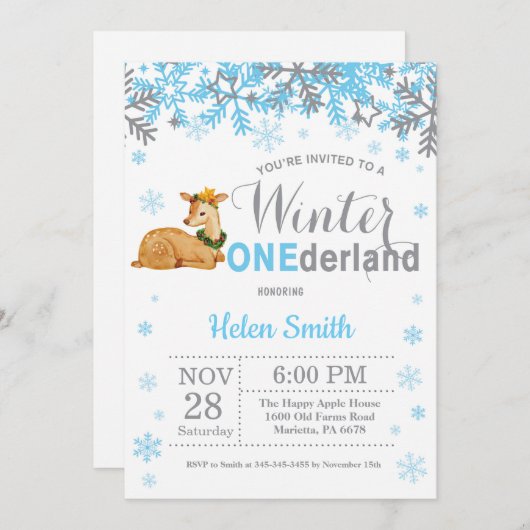 Invitation Anniversaire 1 an de garçon cerf Onederland d'hive (Devant / Derrière)