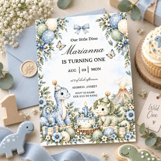 Invitation Anniversaire 1 an Dinosaure Aquarelle Bleu Pastel
