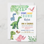 Invitation Anniversaire 1 an Dinosaure Coloré Mignon (Devant)