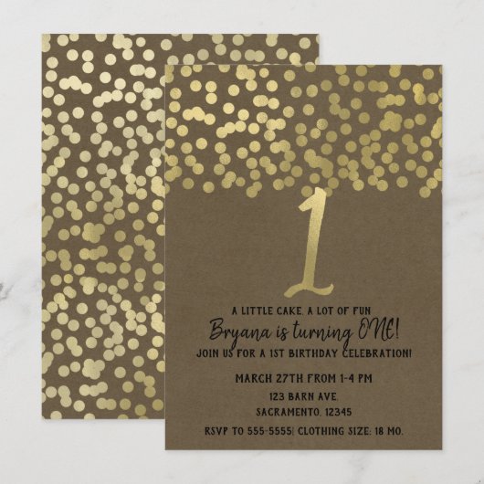 Invitation Anniversaire 1 an Feuille d'Or Moderne Chic Kraft (Devant / Derrière)