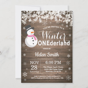 Invitation Anniversaire 1 an Fille Bonhomme de Neige Rustique