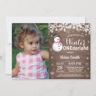 Invitation Anniversaire 1 an Fille Bonhomme de neige rustique