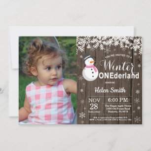 Invitation Anniversaire 1 an Fille Bonhomme de Neige Rustique