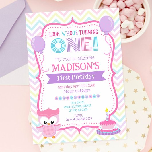 Invitation Anniversaire 1 an Fille Chouette Rose