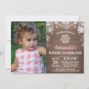 Invitation Anniversaire 1 an Fille Flocon de neige rose Onede
