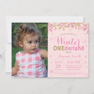 Invitation Anniversaire 1 an Fille Hiver Onederland Rose et O