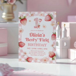 Invitation Anniversaire 1 an Fraise Gingham Rose