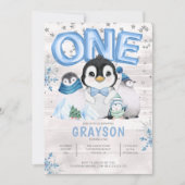 Invitation Anniversaire 1 an Hiver Flocon de Neige Bleu (Devant)