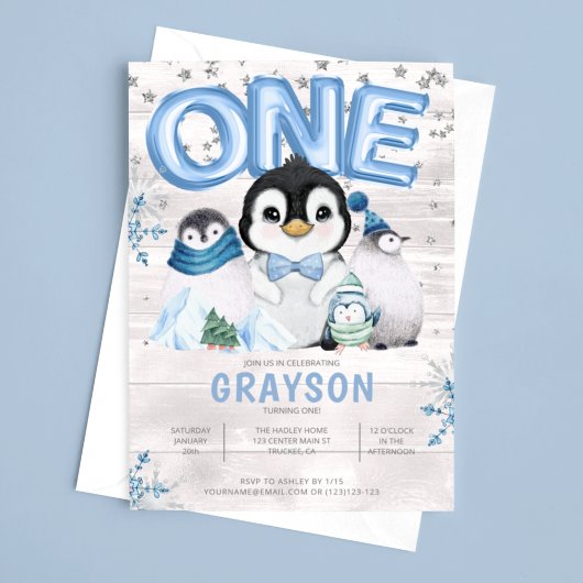 Invitation Anniversaire 1 an Hiver Flocon de Neige Bleu