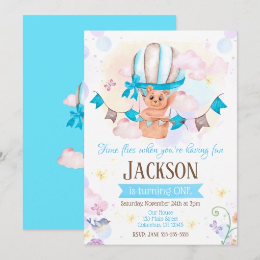 Invitation Anniversaire 1 an Montgolfière (Devant / Derrière)