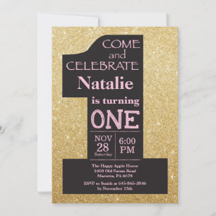 Invitation Anniversaire 1 an Paillettes Dorées et 