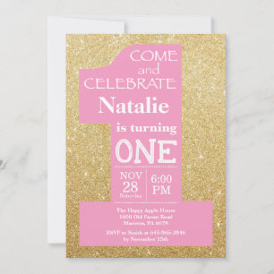 Invitation Anniversaire 1 an Paillettes Or et Rose