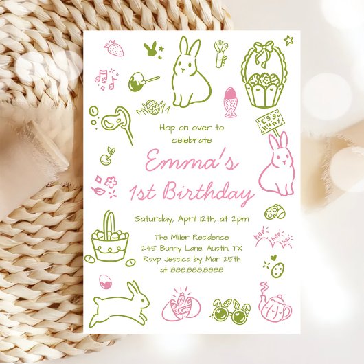 Invitation Anniversaire 1 an Pâques Rose et Vert