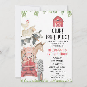 Invitation Anniversaire 1 an Red Tractor Farm Animals