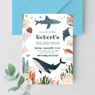 Invitation Anniversaire 1 an sous la mer baleine tortue requi
