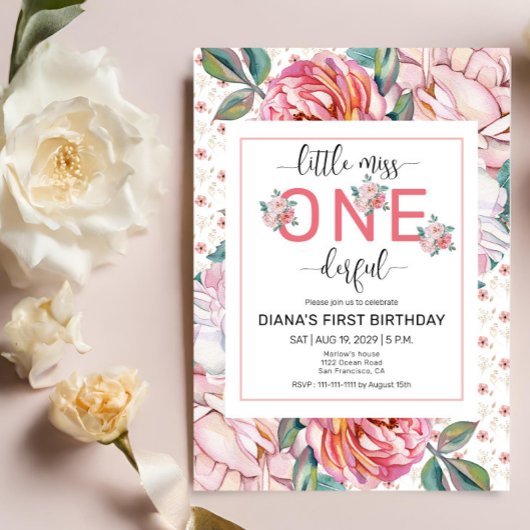 Invitation anniversaire 1ère année Fleur rose