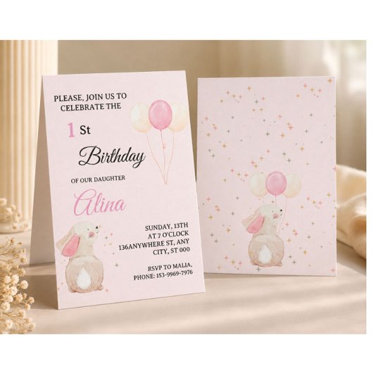 Invitation anniversaire 1ère année Lapin Rose | Bé