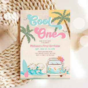 Invitation Anniversaire 1ère année surfing Cool ONE Rose Ment