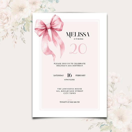 Invitation Anniversaire 20 Ans avec un Ruban Rose