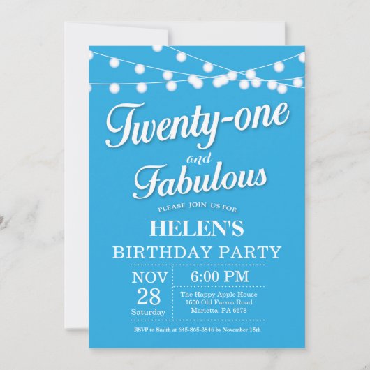 Invitation Anniversaire 20 Ans Bleu Fabuleux (Devant)
