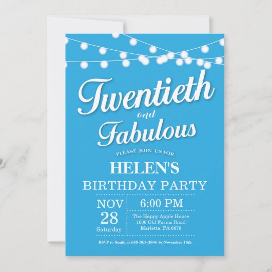 Invitation Anniversaire 20 Ans Bleu Fabuleux (Devant)