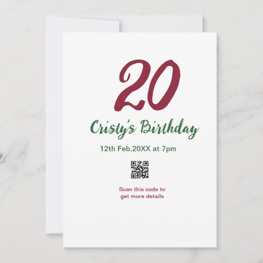 Invitation anniversaire 20 ANS MARON code qr gras rétro vert (Devant)