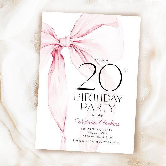 Invitation Anniversaire 20 ans Ruban Rose Coquette