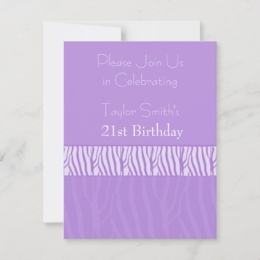 Invitation anniversaire 21 ans à motif zèbre viole (Devant)