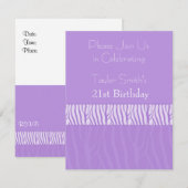 Invitation anniversaire 21 ans à motif zèbre viole (Devant / Derrière)