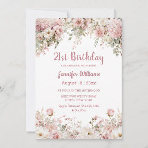 Invitation Anniversaire 21 ans aquarelle rose floral jardin c