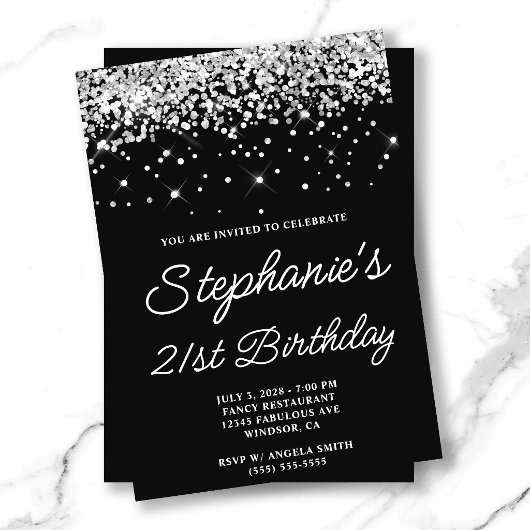 Invitation Anniversaire 21 ans Black Silver Glitter
