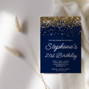 Invitation Anniversaire 21 ans Bleu de Minuit Paillettes Doré