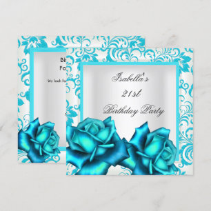 Invitation Anniversaire 21 ans Bleu Sarcelle Fleur Rose Blanc