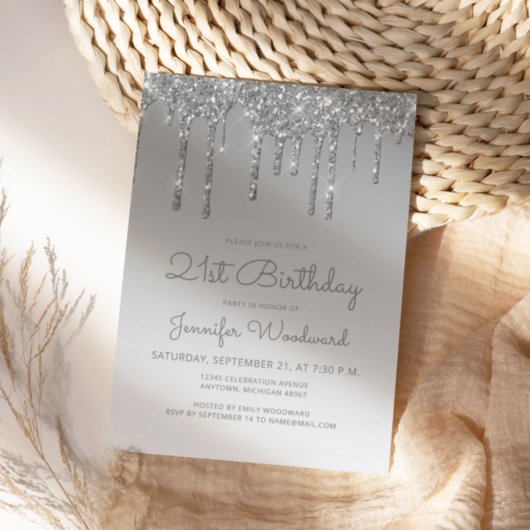 Invitation Anniversaire 21 ans Chic Glitter Drip Argent